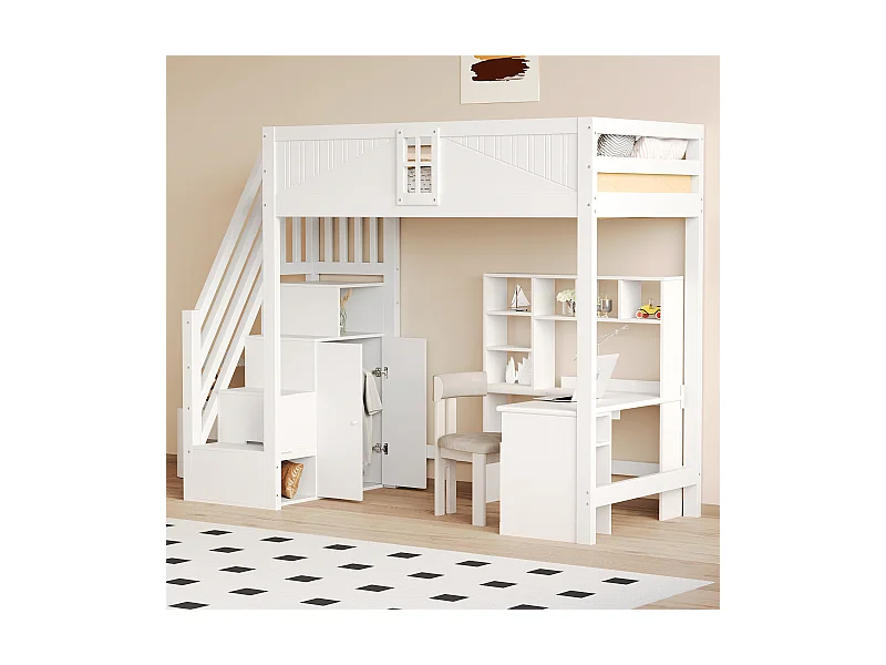 Lit mezzanine 90x200 cm, porte sécurité avec fenêtre, échelle modulable gauche/droite, rangement latéral, lit multifonction, blanc