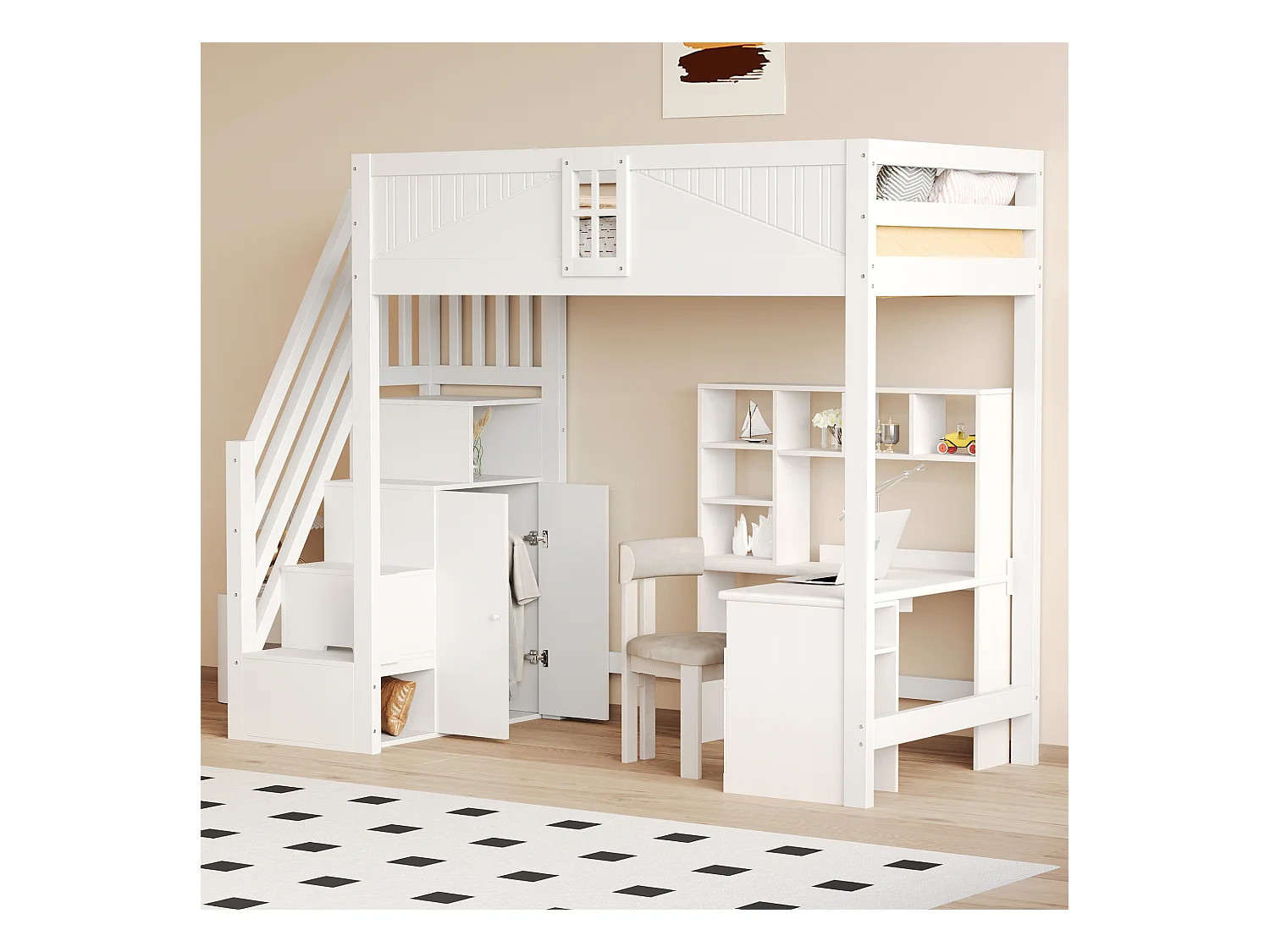 Lit mezzanine 90x200 cm, porte sécurité avec fenêtre, échelle modulable gauche/droite, rangement latéral, lit multifonction, blanc