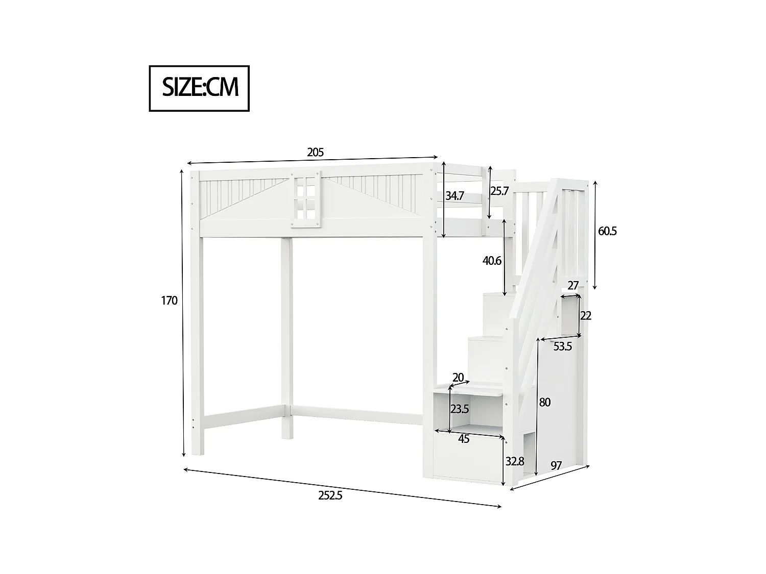 Lit mezzanine 90x200 cm, porte sécurité avec fenêtre, échelle modulable gauche/droite, rangement latéral, lit multifonction, blanc