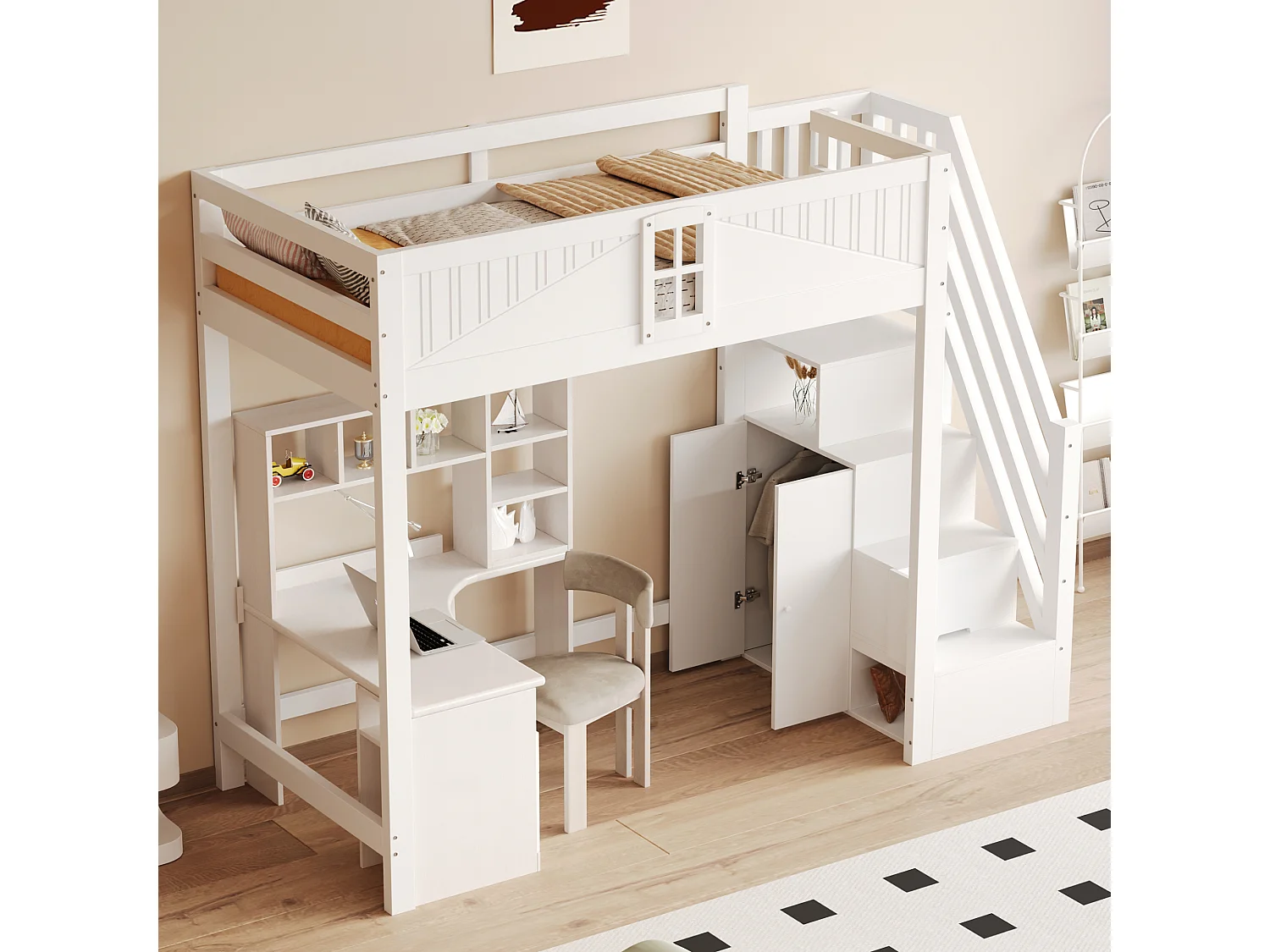 Lit mezzanine 90x200 cm, porte sécurité avec fenêtre, échelle modulable gauche/droite, rangement latéral, lit multifonction, blanc