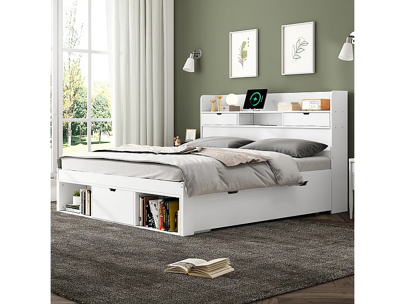 Lit double 160×200 cm blanc, avec port USB, tiroirs et armoire intégrée, lit multifonction enfant ou ado, bois