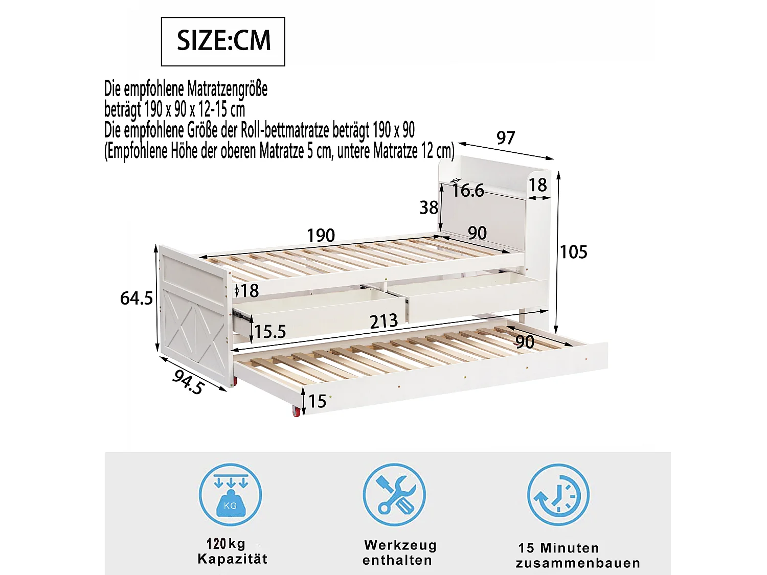 Lit simple en pin massif 90x190 cm avec tiroir coulissant, sommier à lattes et table de nuit USB, blanc