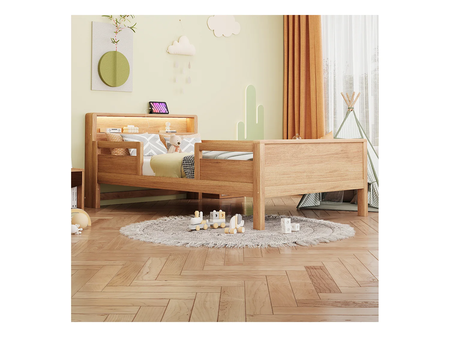 Lit bois 90x200 cm, prise USB et C, petite LED, tête de lit avec rangement, lit enfant, lit simple, multifonction, pin, couleur bois