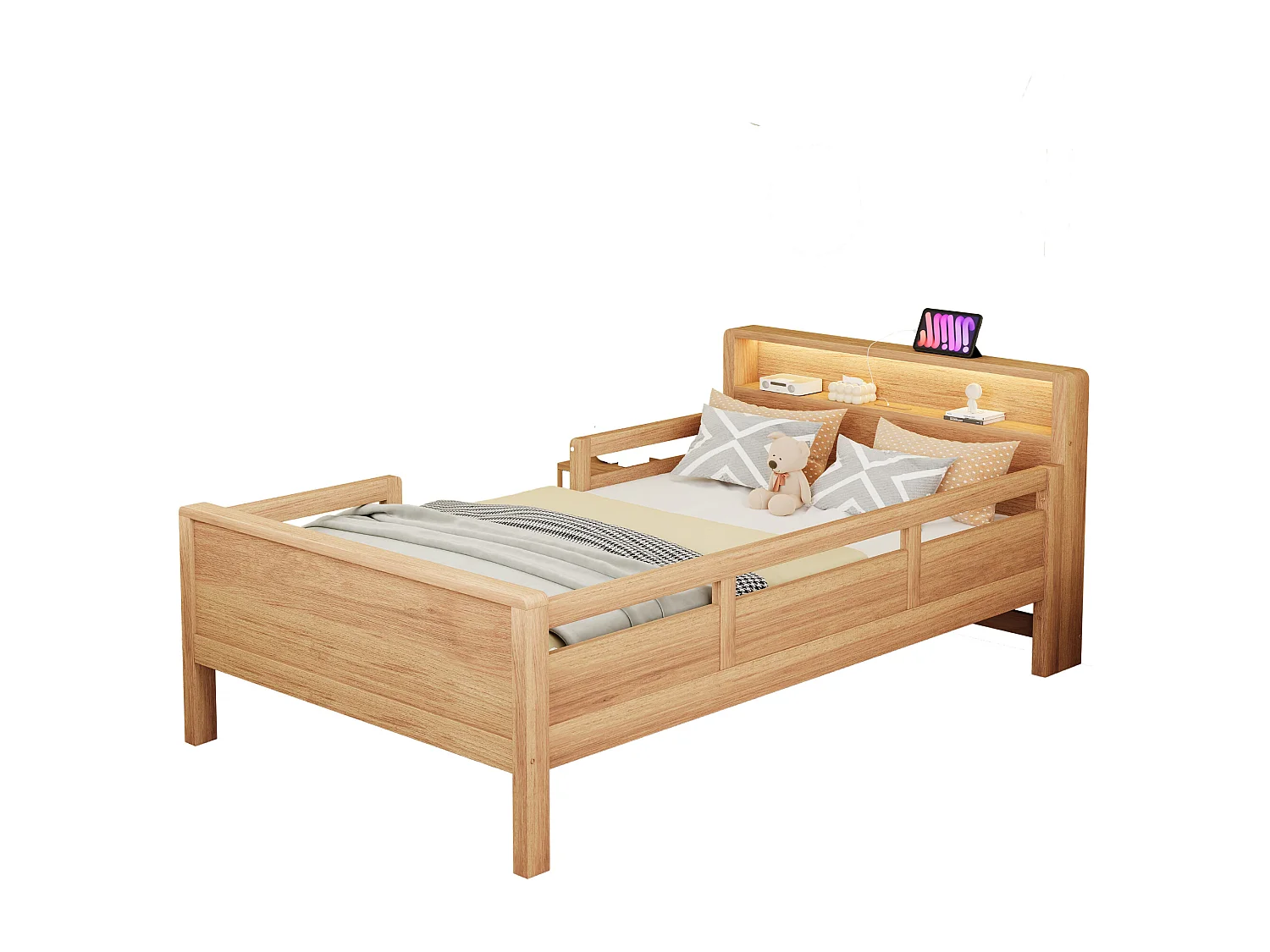 Lit bois 90x200 cm, prise USB et C, petite LED, tête de lit avec rangement, lit enfant, lit simple, multifonction, pin, couleur bois