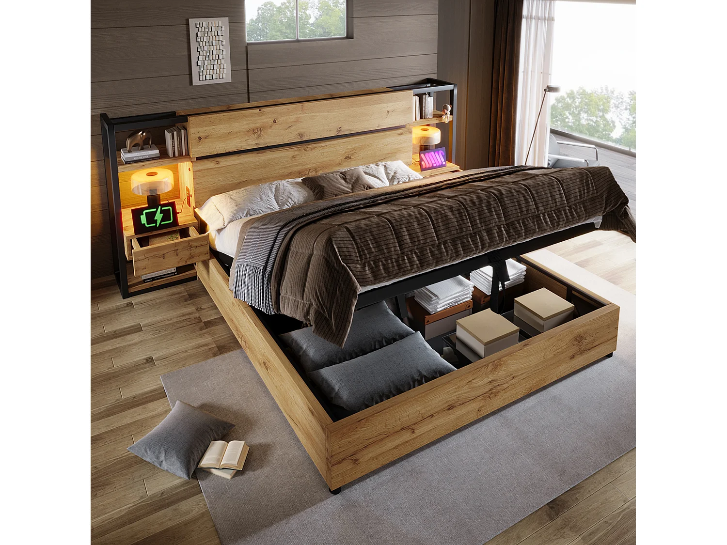 Lit en bois 160x200 cm avec rangement hydraulique, tête avec tiroirs et USB/Type-C, cadre bois chêne (Avec matelas)
