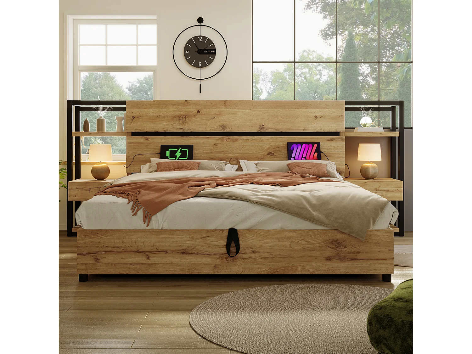 Lit en bois 160x200 cm avec rangement hydraulique, tête avec tiroirs et USB/Type-C, cadre bois chêne (Avec matelas)
