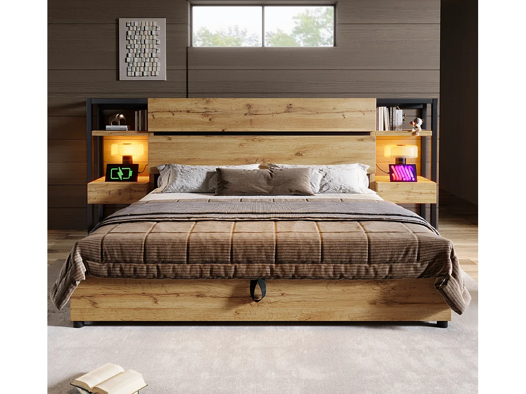Lit en bois 160x200 cm avec rangement hydraulique, tête avec tiroirs et USB/Type-C, cadre bois chêne (Avec matelas)