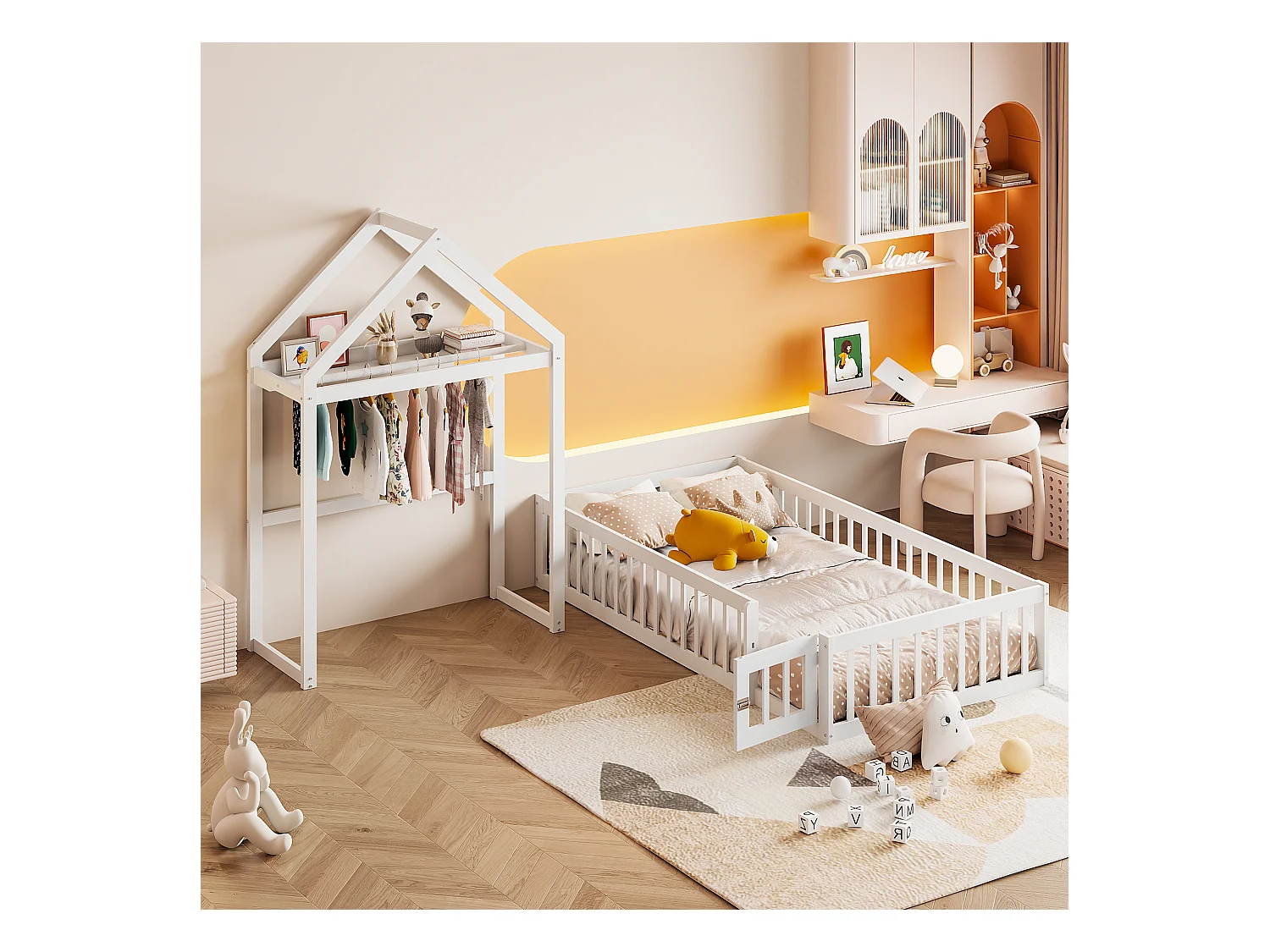 Lit enfant 90x200 cm blanc, en bois massif avec rangement, barrière complète, portes et sommier inclus