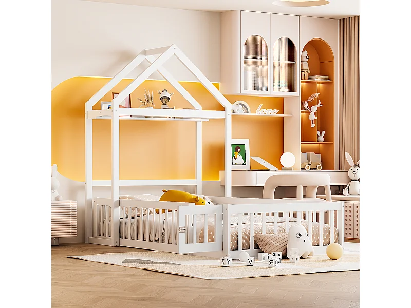 Lit enfant 90x200 cm blanc, en bois massif avec rangement, barrière complète, portes et sommier inclus
