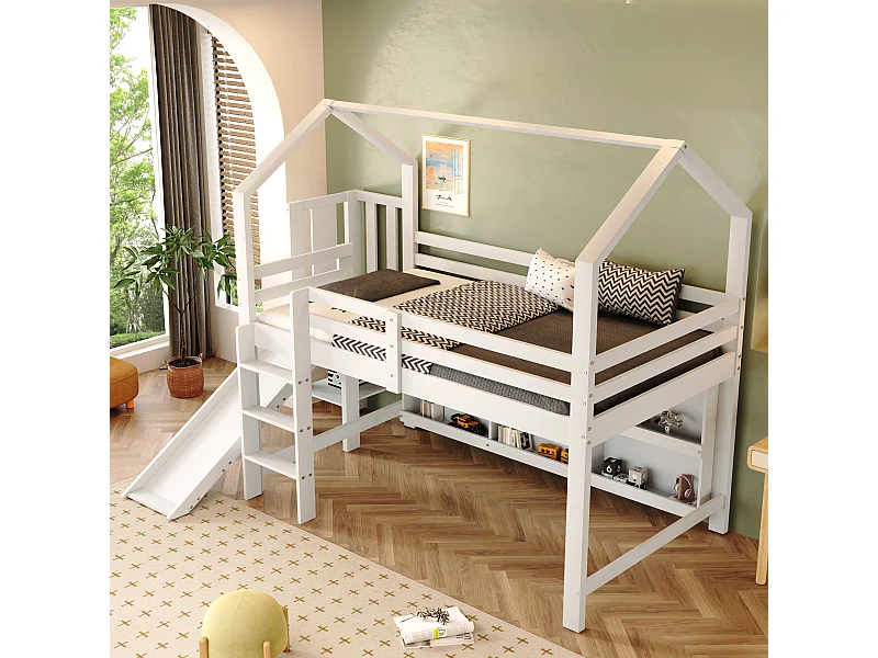 Lit simple 90×200 cm blanc, bois massif + MDF, avec toboggan, escaliers, armoire et étagère, lit enfant multifonction