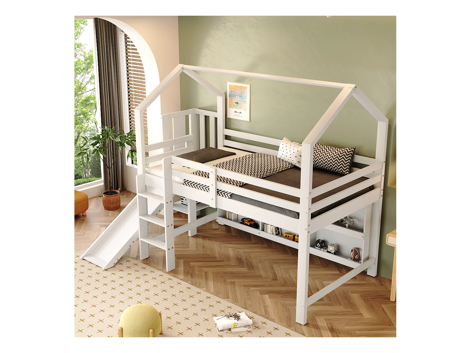 Lit simple 90×200 cm blanc, bois massif + MDF, avec toboggan, escaliers, armoire et étagère, lit enfant multifonction