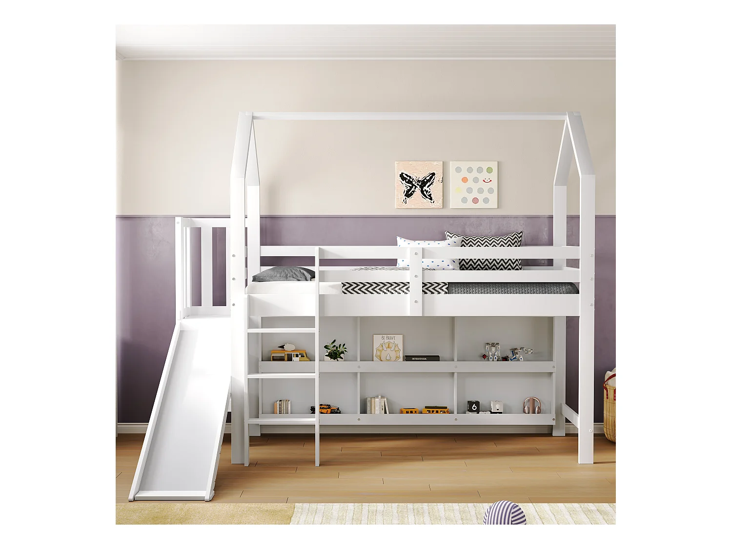 Lit simple 90×200 cm blanc, bois massif + MDF, avec toboggan, escaliers, armoire et étagère, lit enfant multifonction