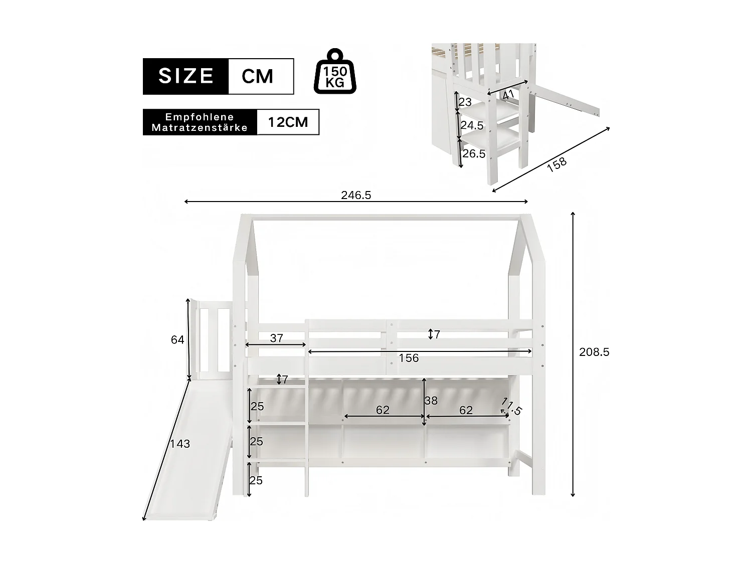 Lit simple 90×200 cm blanc, bois massif + MDF, avec toboggan, escaliers, armoire et étagère, lit enfant multifonction