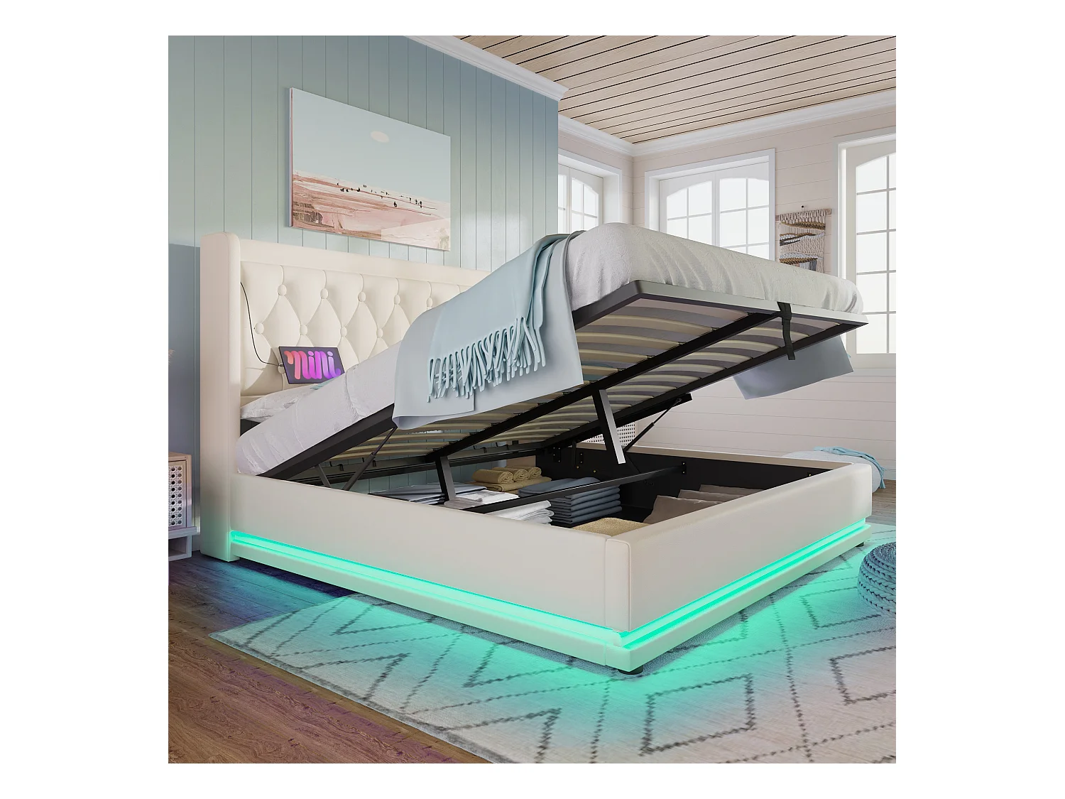 Lit tapissé 160x200 cm double, LED 3 côtés, USB-C, hydraulique, tête rembourrée, PU blanc (Avec matelas)