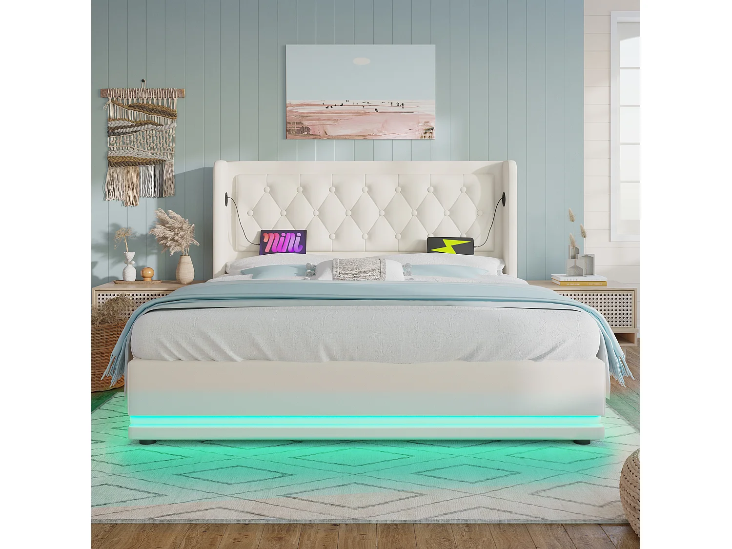 Lit tapissé 160x200 cm double, LED 3 côtés, USB-C, hydraulique, tête rembourrée, PU blanc (Avec matelas)