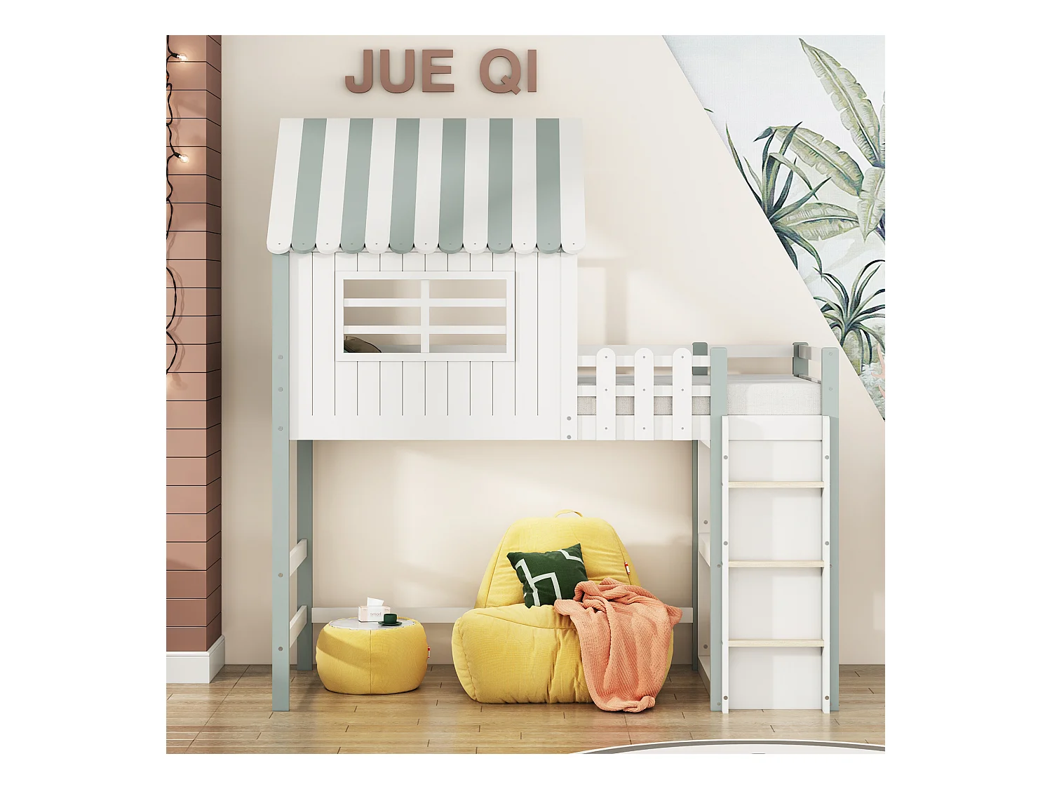 Lit mezzanine 90x200 cm, haut et bas, pour garçon et fille, toit, échelle de sécurité, rangement intégré, multifonction, vert