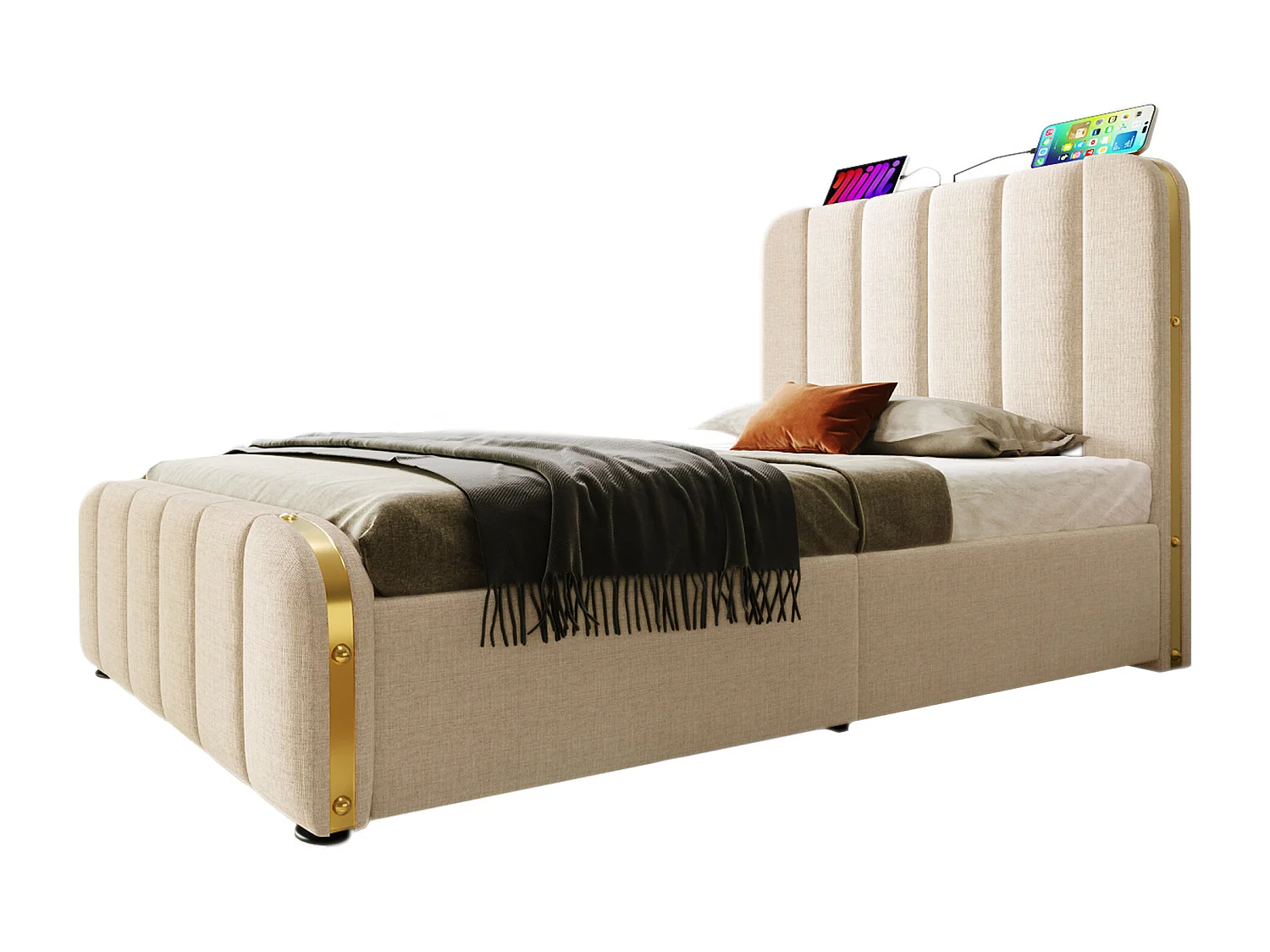 Lit tapissé 90x200 cm simple, tête avec liseré doré, USB-C, 4 tiroirs, tissu lin beige (Avec matelas)