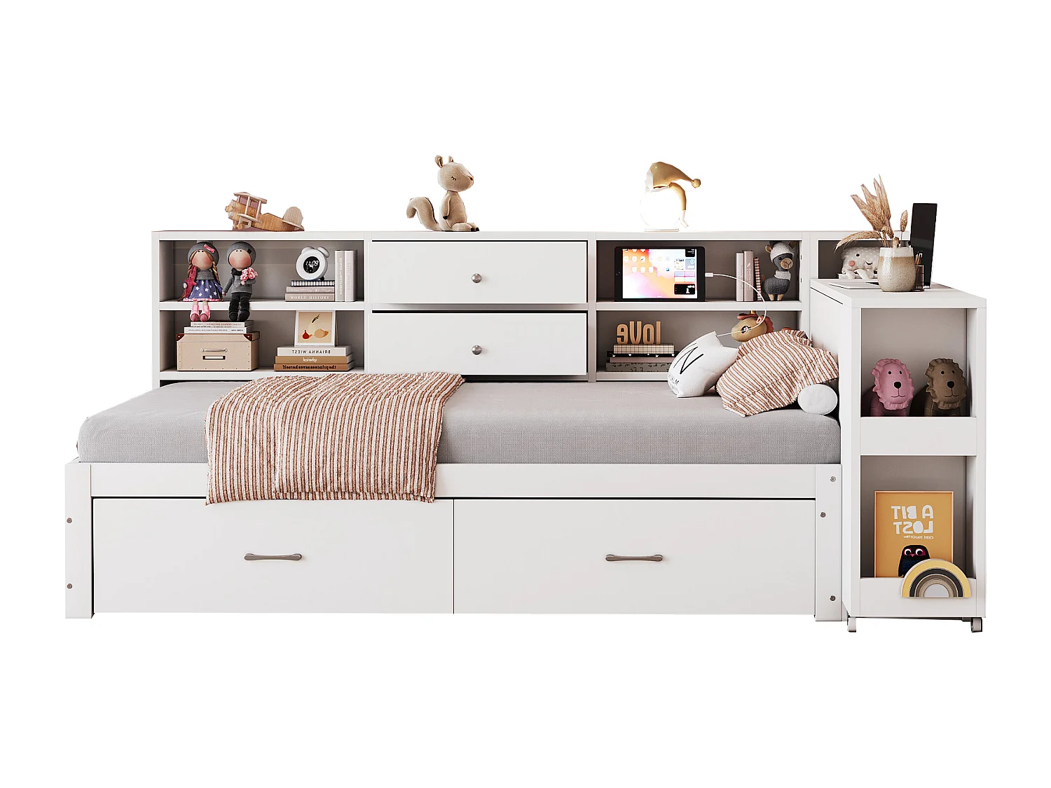 Lit canapé bois 90x200 cm, multifonction, tiroirs et étagères cachés, 2 grands tiroirs, prise multifonction, bureau extensible, lit simple, blanc