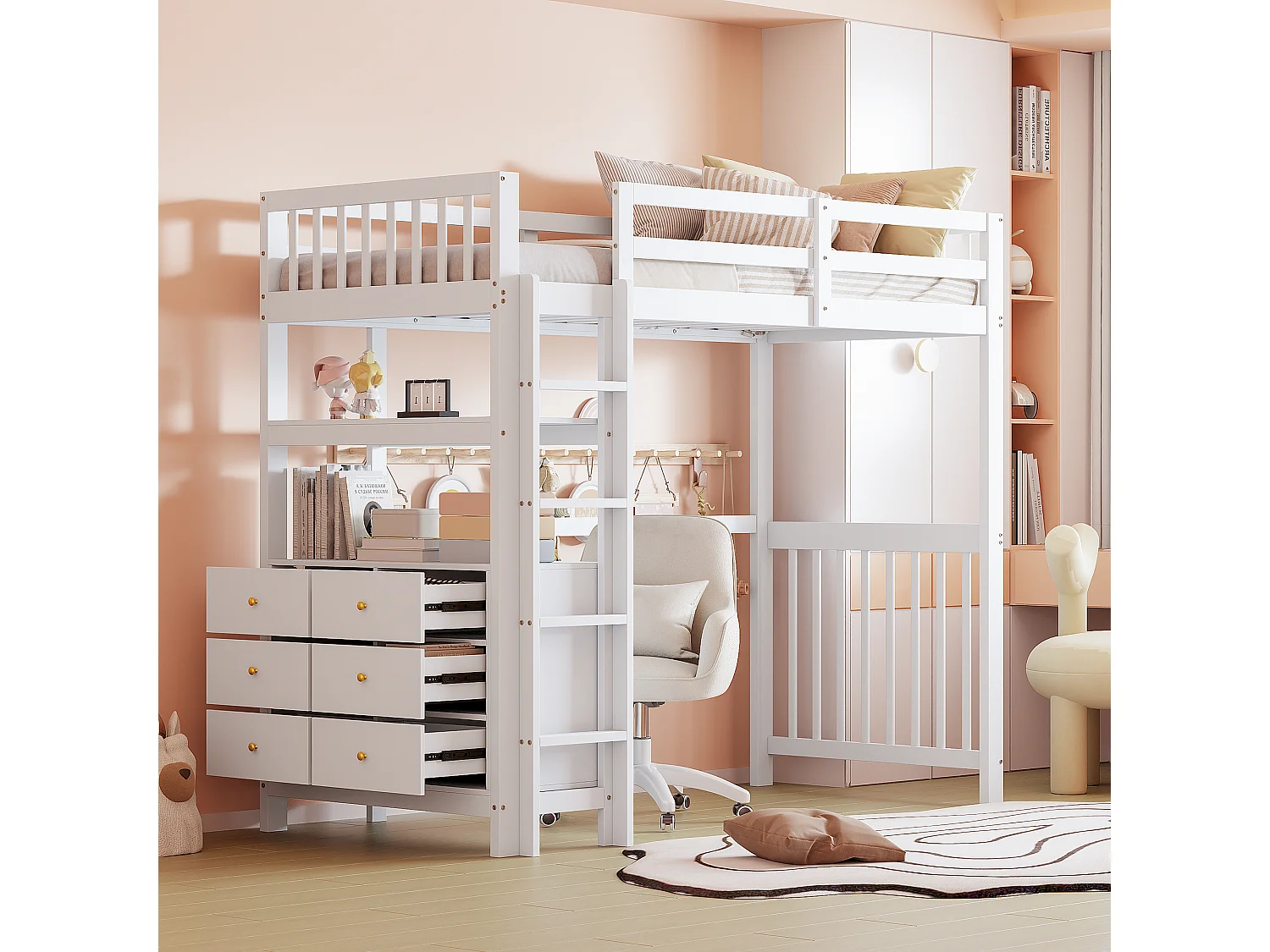 Lit mezzanine 90x200 cm blanc en pin avec échelle verticale, tiroirs et étagères, sommier à lattes inclus