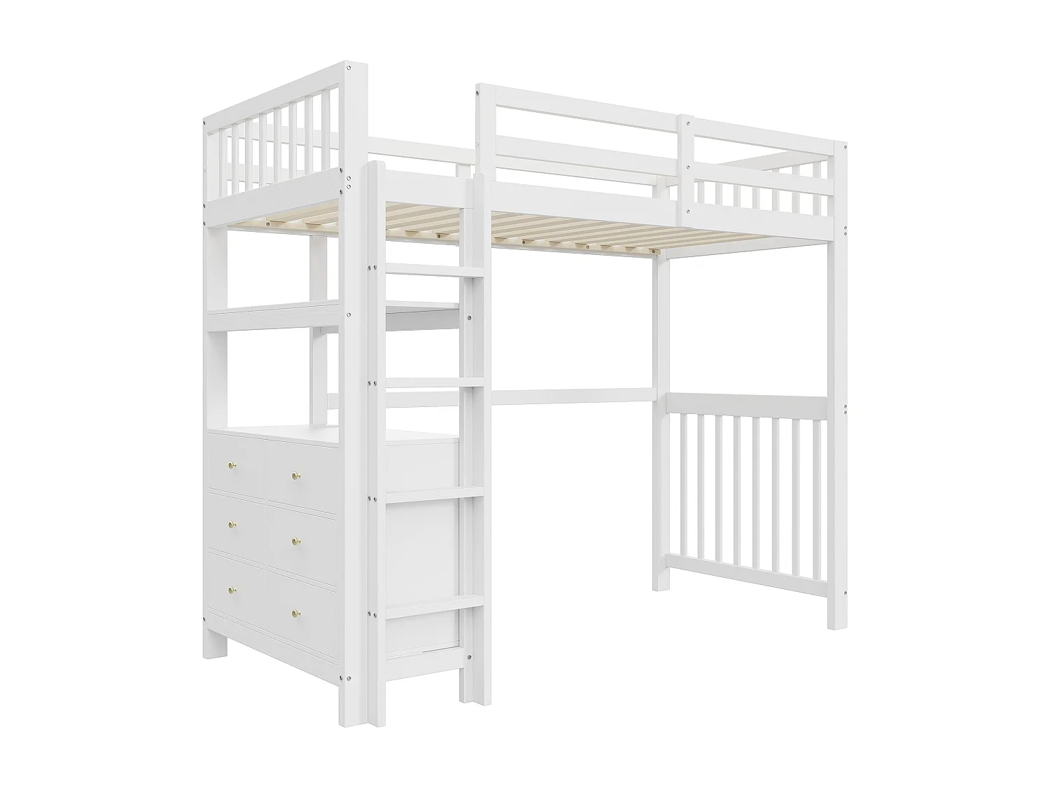 Lit mezzanine 90x200 cm blanc en pin avec échelle verticale, tiroirs et étagères, sommier à lattes inclus