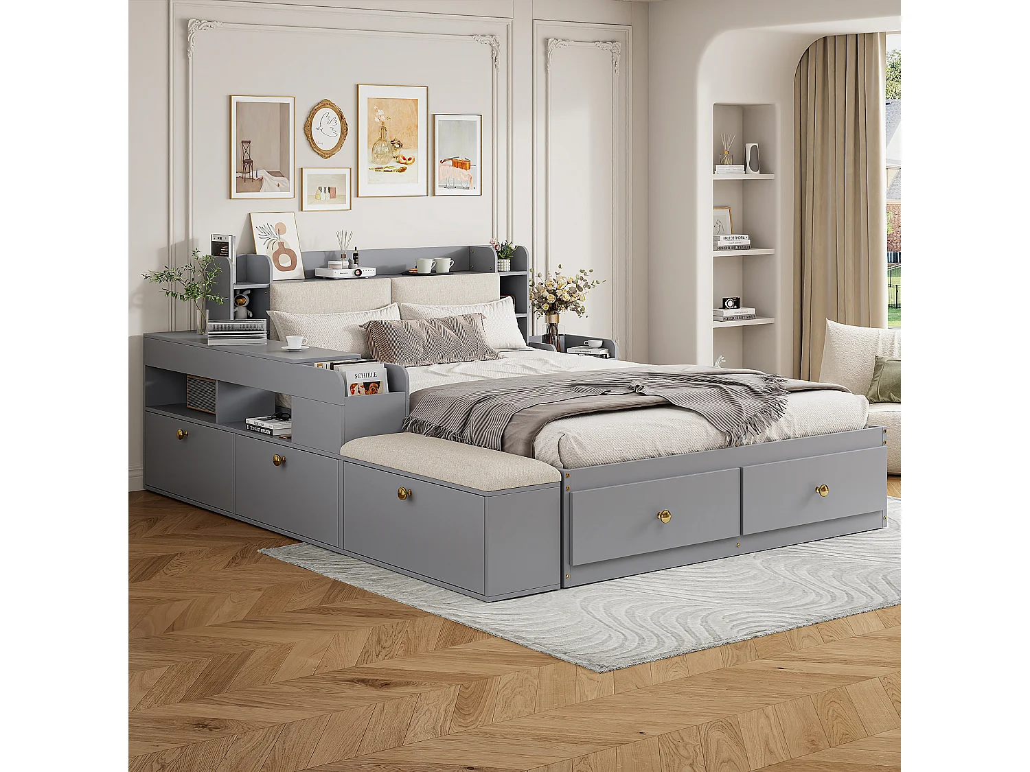 Lit combiné en bois massif 140x200 cm avec rangements intégrés, tête de lit, tiroirs et armoire, gris