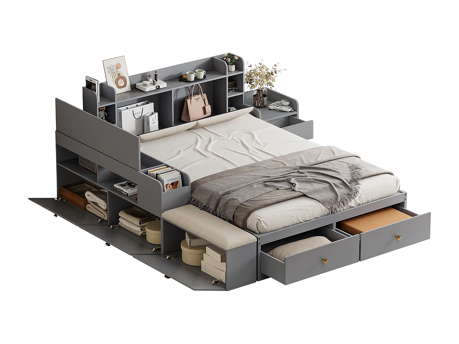 Lit combiné en bois massif 140x200 cm avec rangements intégrés, tête de lit, tiroirs et armoire, gris