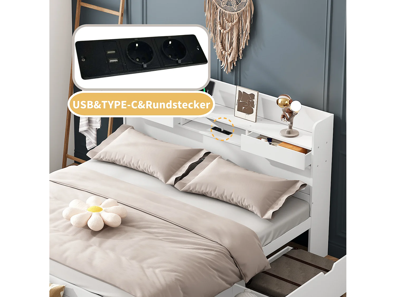 Lit double 140×190 cm blanc, avec port USB, tiroirs et armoire intégrée, lit multifonction enfant ou ado