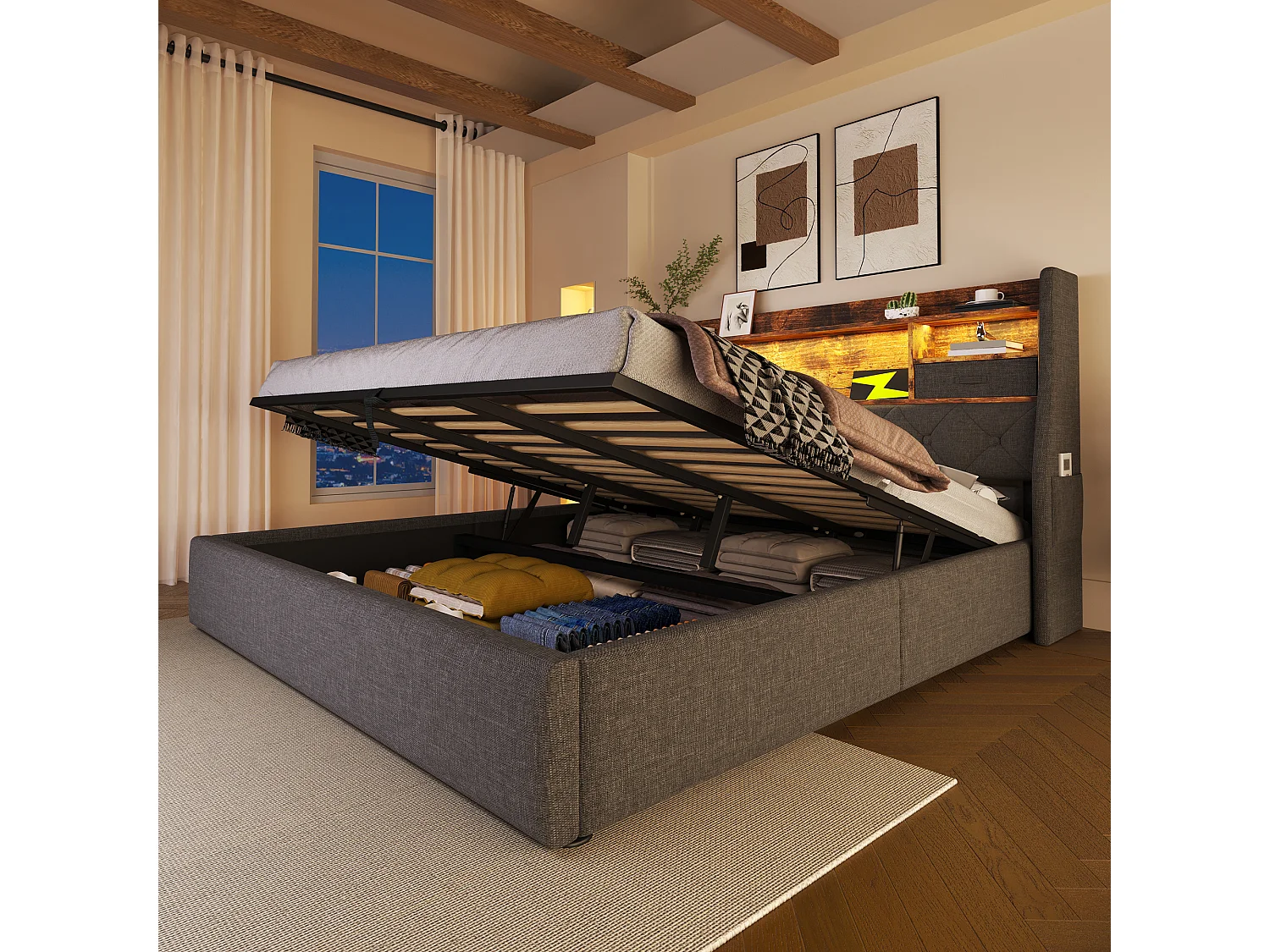 Lit tapissé 160x200 cm avec rangement hydraulique, tête LED, 4 ports USB/Type-C, double, tissu lin gris (Avec matelas)