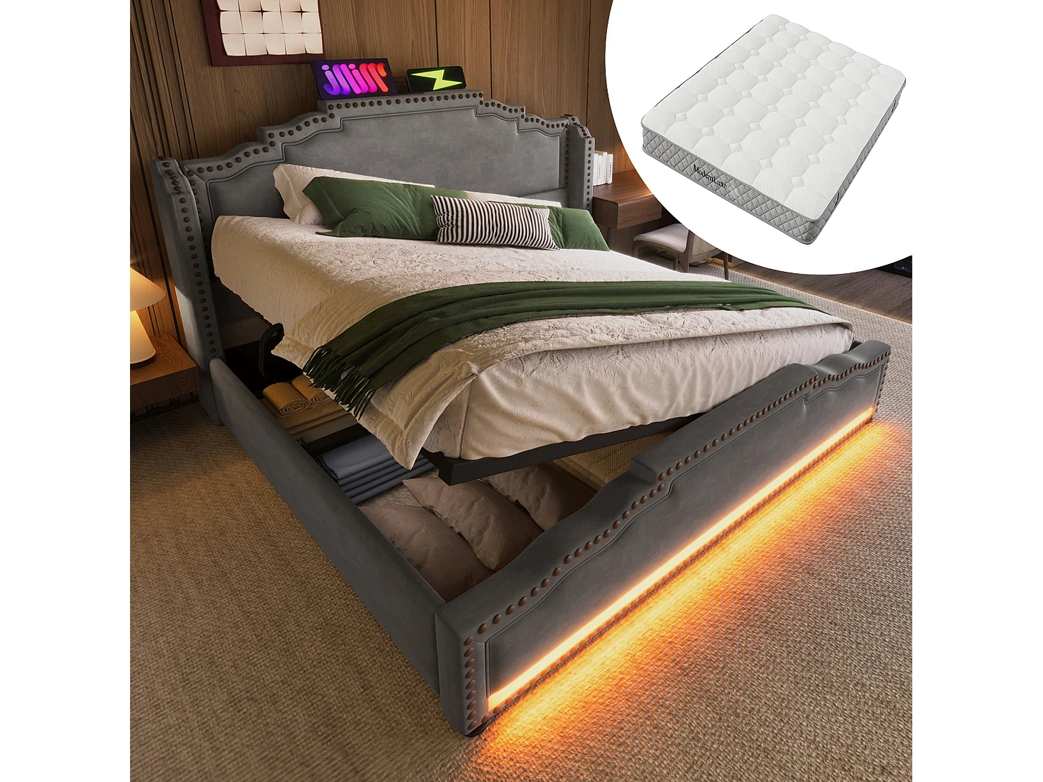 Lit tapissé 140x200 cm double, hydraulique, LED, USB-C, rangement, tissu velours gris, lit jeune (Avec matelas)
