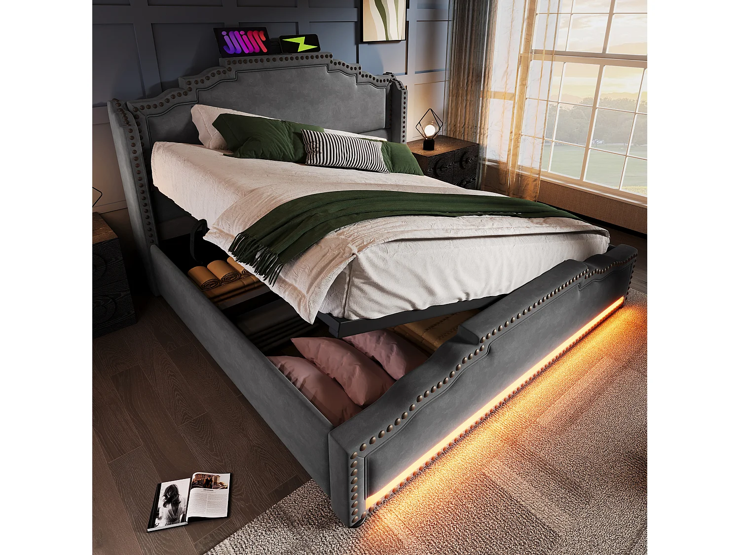 Gestoffeerd bed 140x200 cm van velvet, grijs, met opbergruimte, LED en USB/Type-C