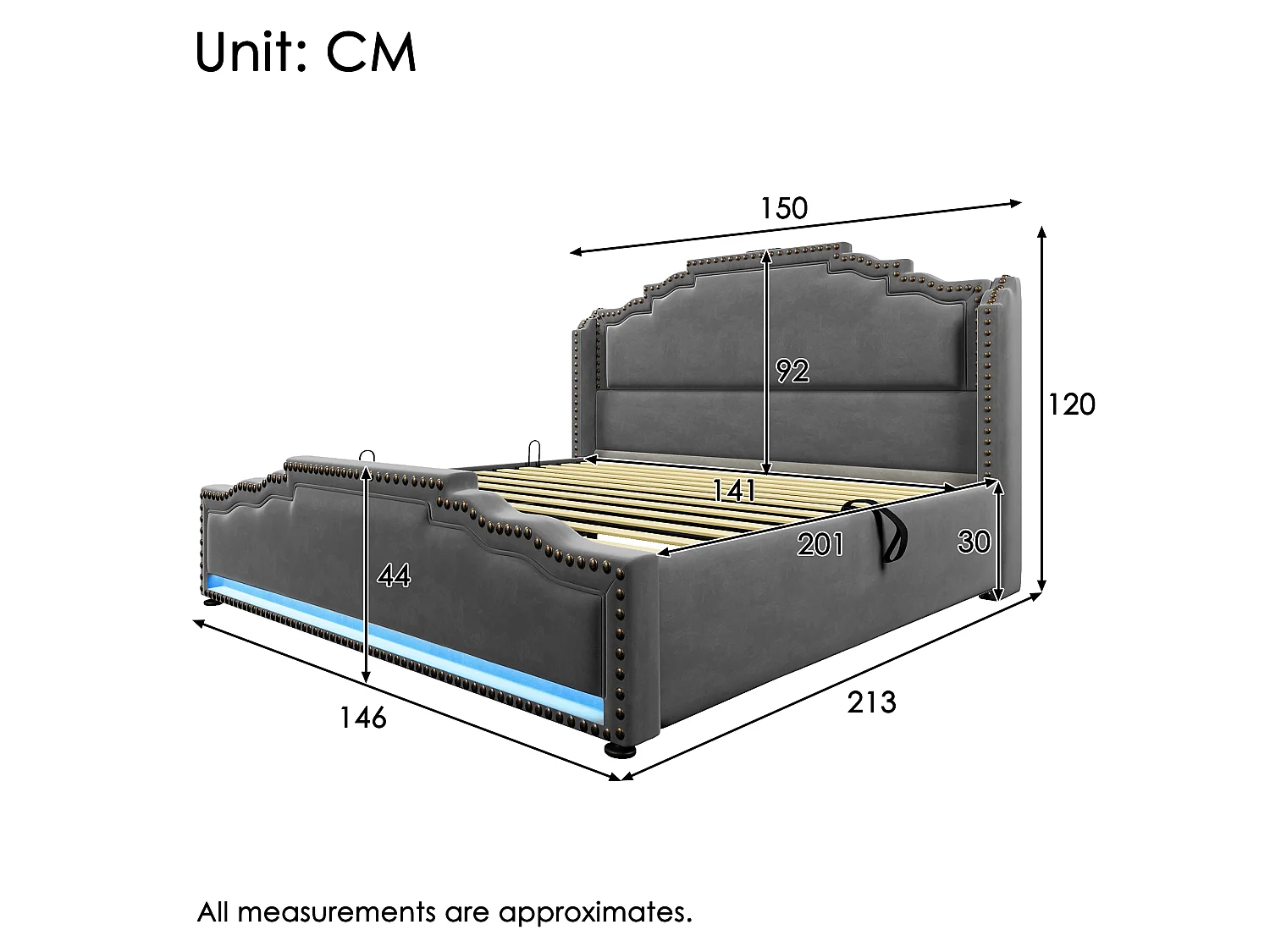 Gestoffeerd bed 140x200 cm van velvet, grijs, met opbergruimte, LED en USB/Type-C