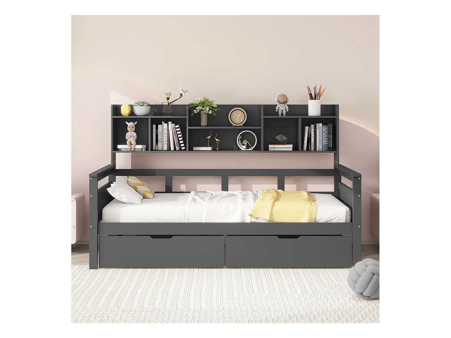 Canapé-lit 90x200 cm gris, avec tiroirs et étagères, sommier inclus, lit en bois massif pour chambre enfant