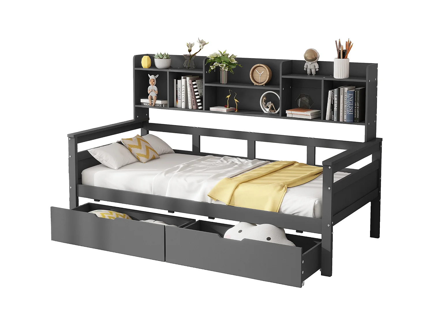 Canapé-lit 90x200 cm gris, avec tiroirs et étagères, sommier inclus, lit en bois massif pour chambre enfant