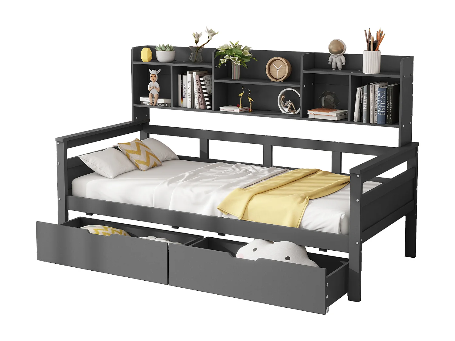 Canapé-lit 90x200 cm gris, avec tiroirs et étagères, sommier inclus, lit en bois massif pour chambre enfant