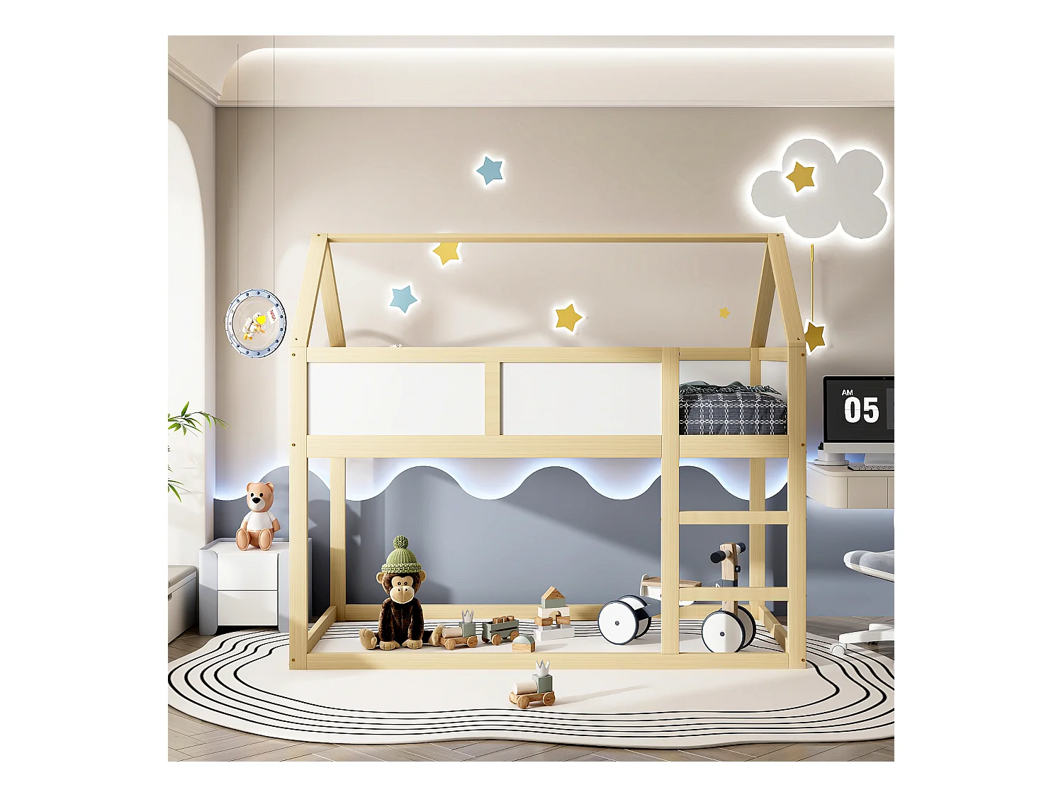 Lit superposé enfant 90x200 cm, lit simple bas, lit mezzanine avec échelle, bois massif, couleur bois