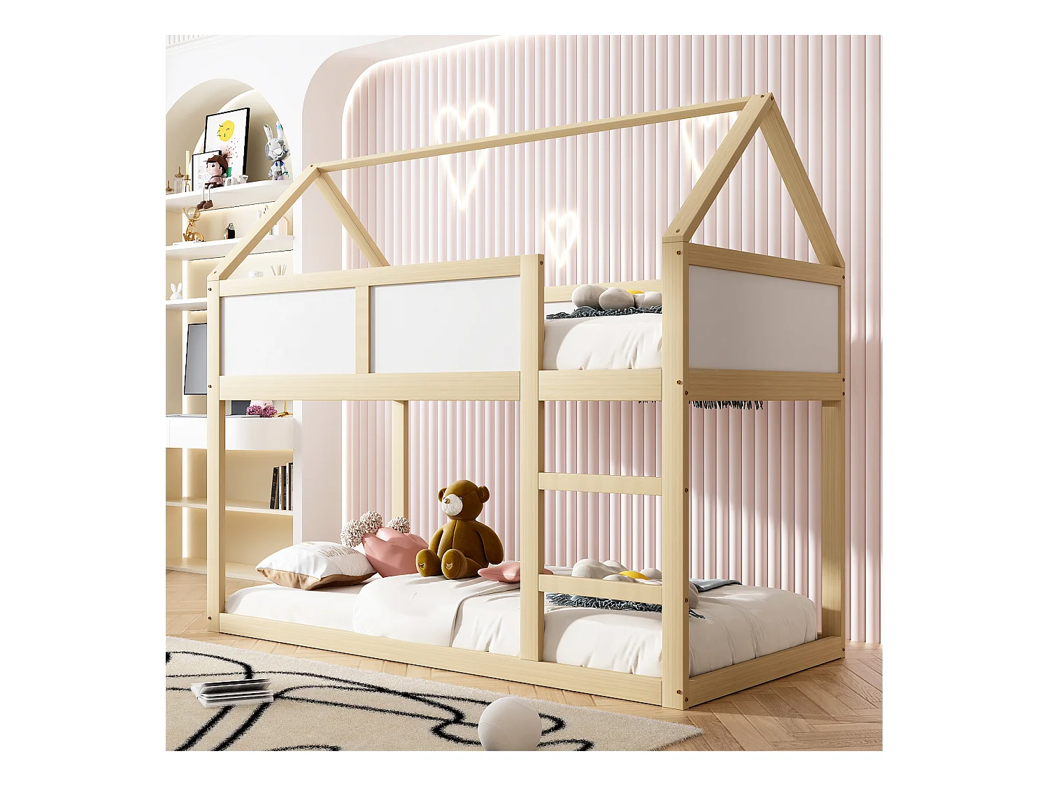 Lit superposé enfant 90x200 cm, lit simple bas, lit mezzanine avec échelle, bois massif, couleur bois