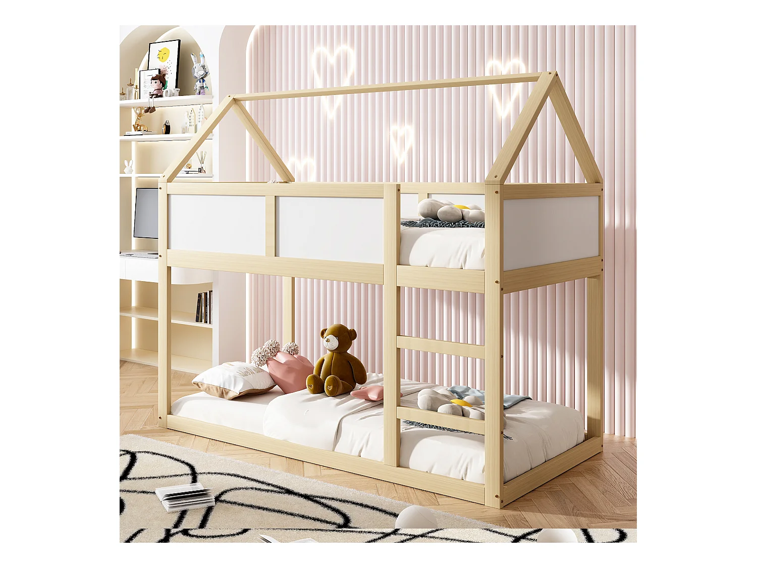 Lit superposé enfant 90x200 cm, lit simple bas, lit mezzanine avec échelle, bois massif, couleur bois