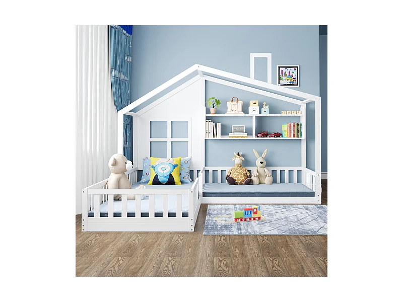 Lit enfant 90x200 cm (140x70 cm), forme maison avec fenêtre et cheminée, étagères, coffre bois massif plein hauteur, garde-corps et lattenrost, blanc