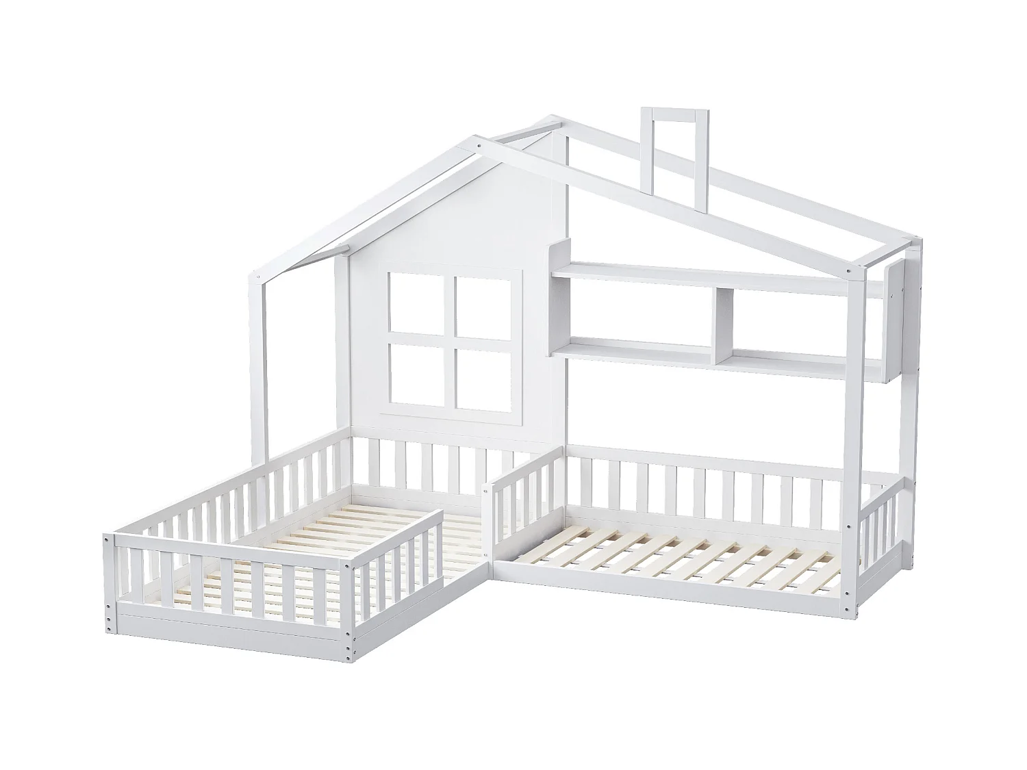 Lit enfant 90x200 cm (140x70 cm), forme maison avec fenêtre et cheminée, étagères, coffre bois massif plein hauteur, garde-corps et lattenrost, blanc