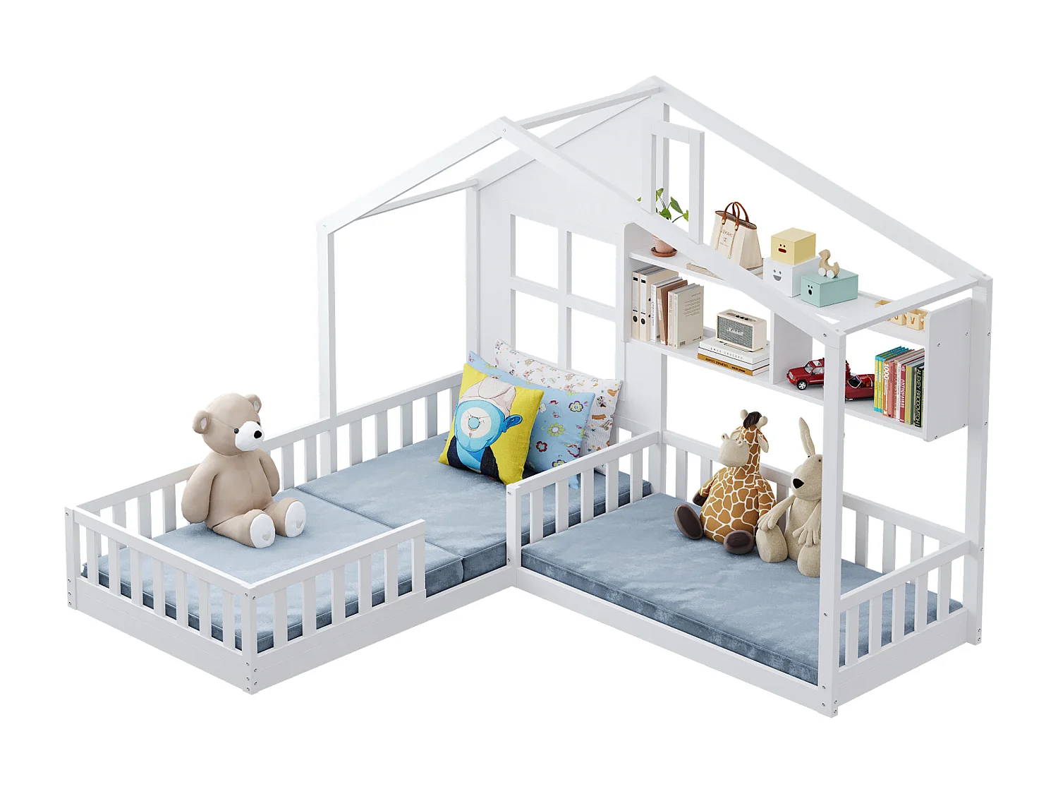 Lit enfant 90x200 cm (140x70 cm), forme maison avec fenêtre et cheminée, étagères, coffre bois massif plein hauteur, garde-corps et lattenrost, blanc