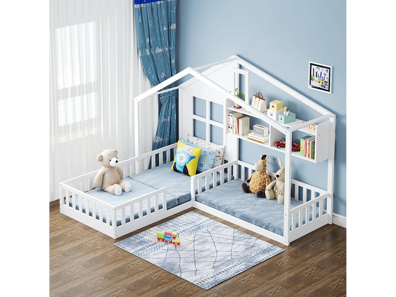 Kinderbed 90x200 cm van massief hout en MDF, huisvorm met raam/schoorsteen, met planken