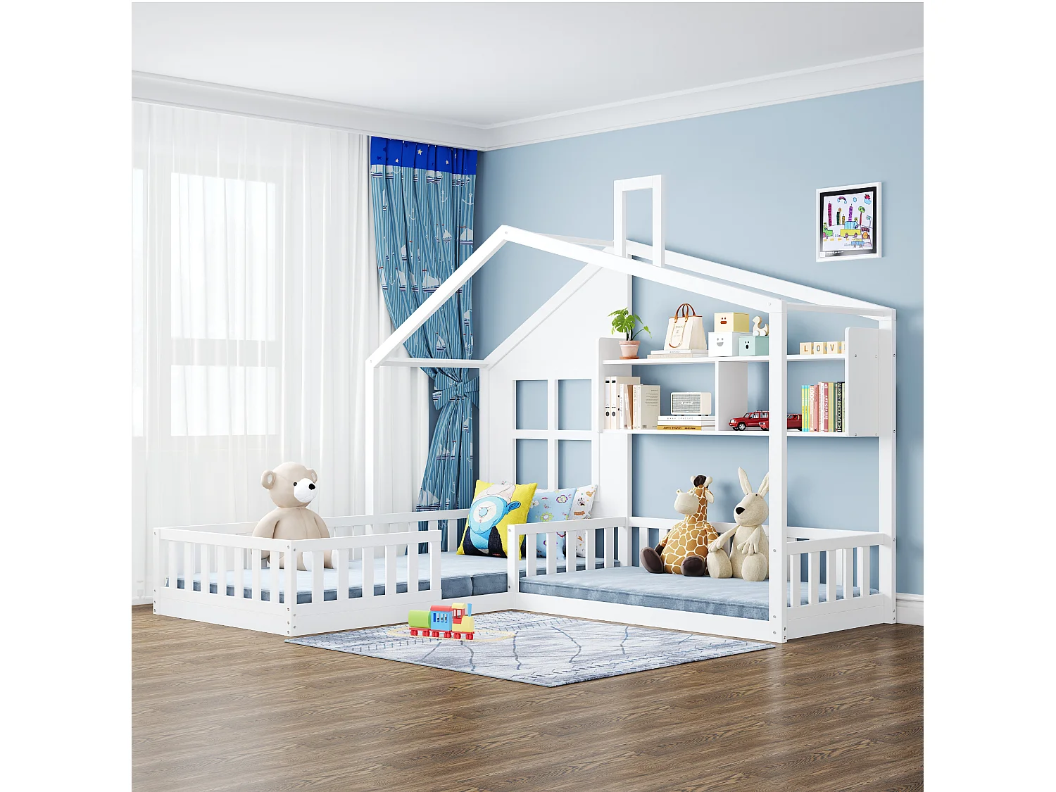 Kinderbed 90x200 cm van massief hout en MDF, huisvorm met raam/schoorsteen, met planken