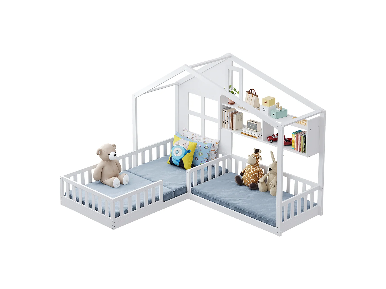 Kinderbed 90x200 cm van massief hout en MDF, huisvorm met raam/schoorsteen, met planken