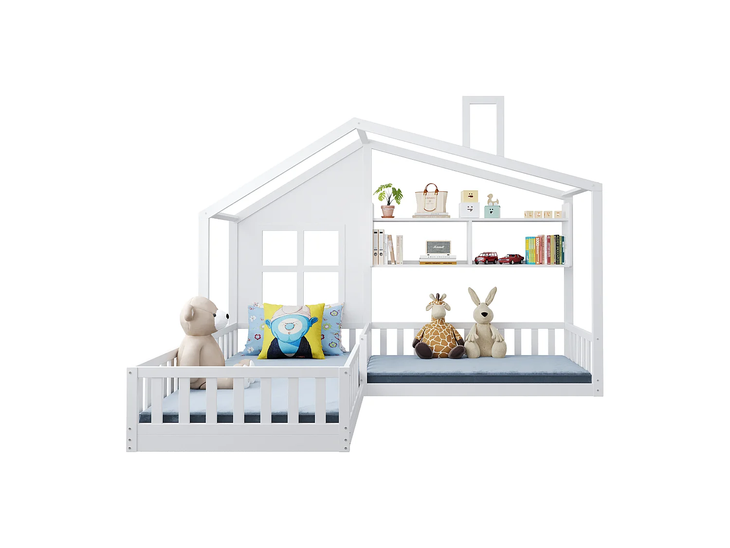 Kinderbed 90x200 cm van massief hout en MDF, huisvorm met raam/schoorsteen, met planken