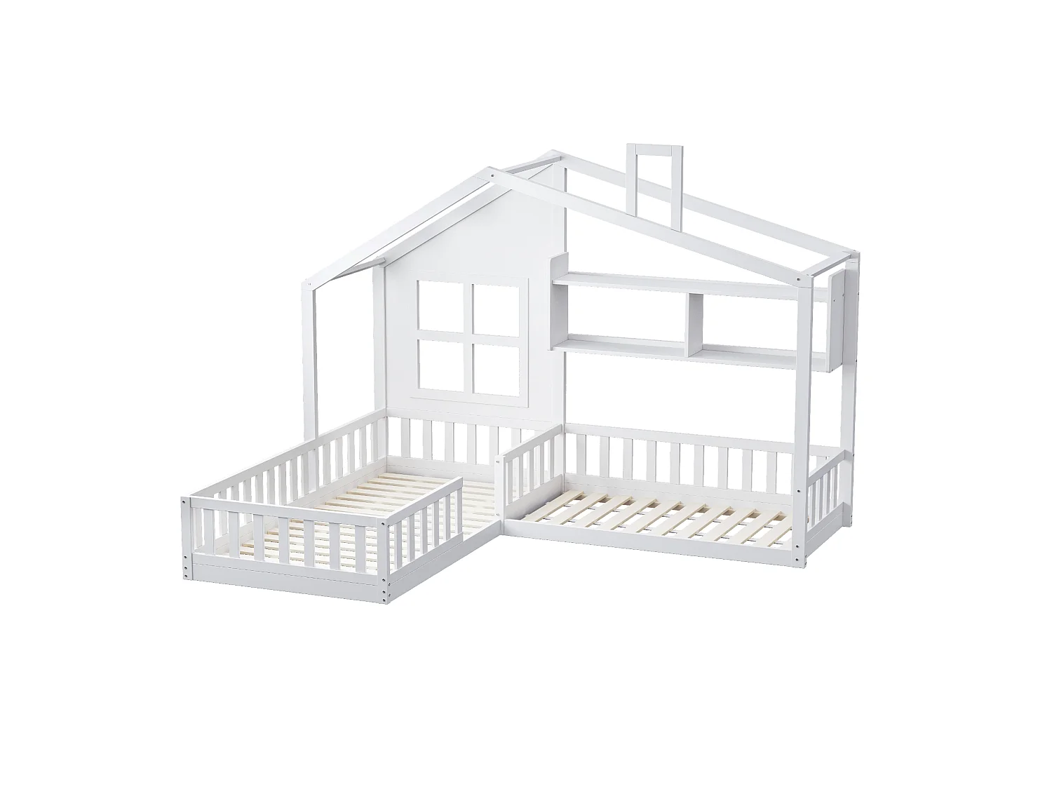 Kinderbed 90x200 cm van massief hout en MDF, huisvorm met raam/schoorsteen, met planken