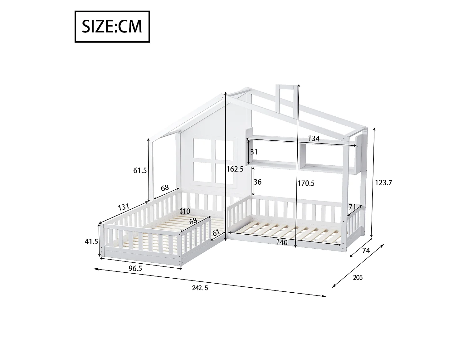 Kinderbed 90x200 cm van massief hout en MDF, huisvorm met raam/schoorsteen, met planken