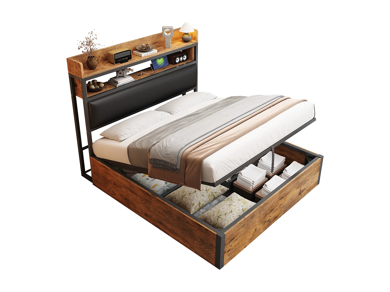 Lit 140x200 cm, mécanisme hydraulique, USB, tête rembourrée, design bois et métal, rangement caché, lit double, noir