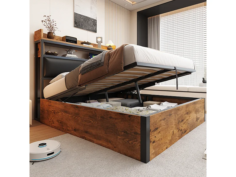 Lit 140x200 cm, mécanisme hydraulique, USB, tête rembourrée, design bois et métal, rangement caché, lit double, noir