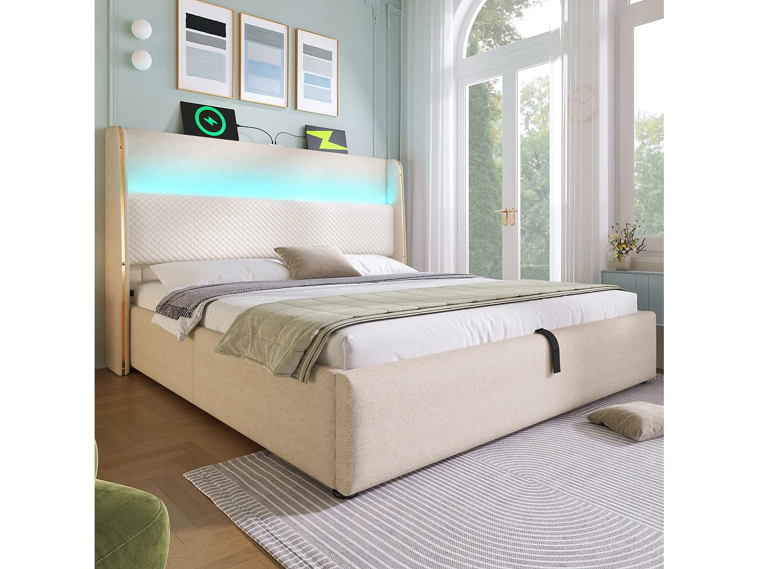 Hydraulisch gestoffeerd bed 160x200 cm van linnen, beige, met LED, opbergruimte en USB/Type-C (incl. matras)