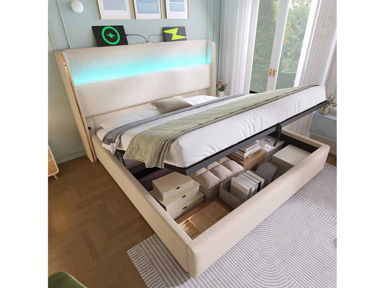 Hydraulisch gestoffeerd bed 160x200 cm van linnen, beige, met LED, opbergruimte en USB/Type-C (incl. matras)